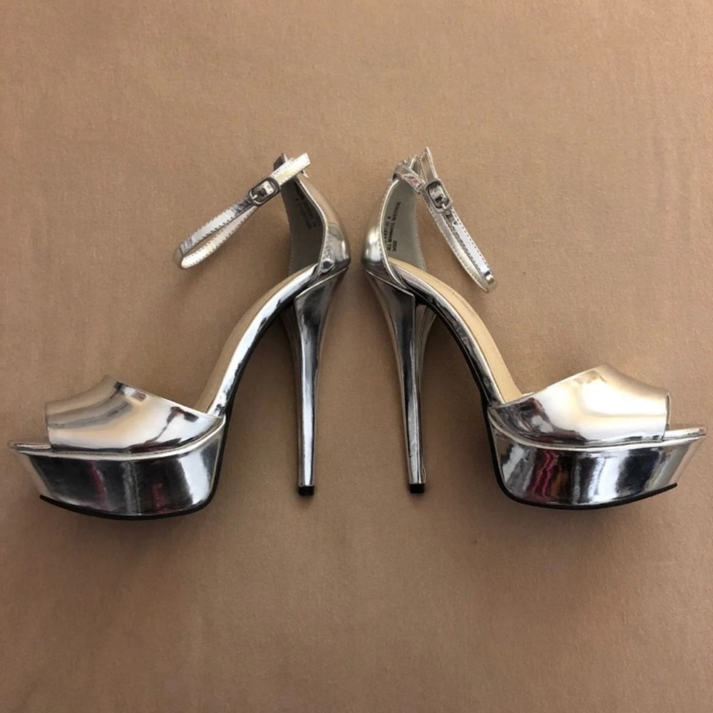 Silver Metallic Peep Toe Platform Heels - image 1